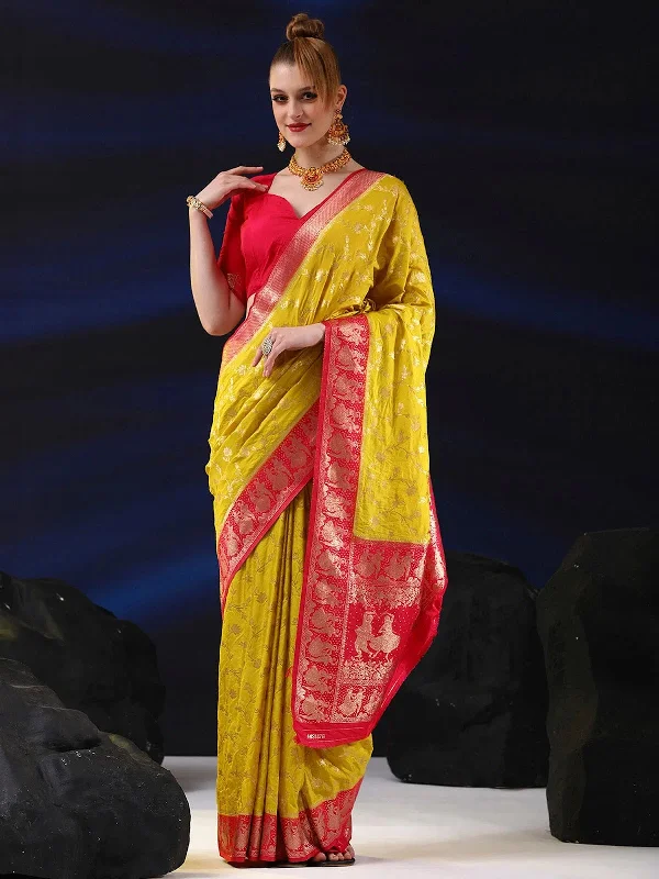Saree Mall Women's  Blend Yellow Woven Design Designer Saree With Blouse Piece-SGITRIUS03H Feminine Satin Blouse