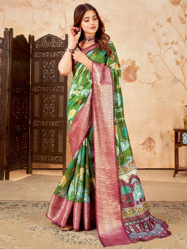 Saree Mall Women's Cotton Blend Green Printed Designer Saree With Blouse Piece-ENISA102 Stretchy Fitted Blouse