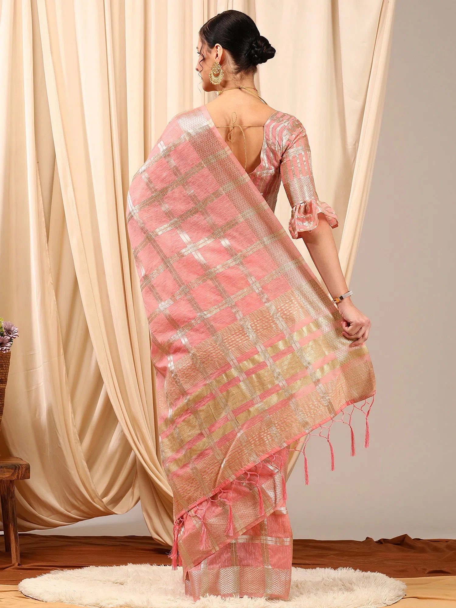 Saree Mall Women's Linen Pink Woven Design Designer Saree With Blouse Piece-LINOMA06E Delicate Bow Blouse