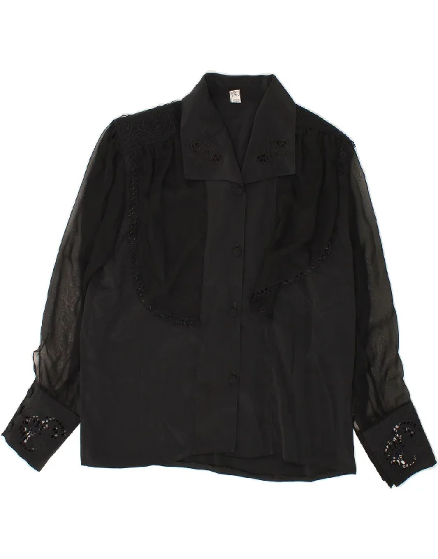 VINTAGE Womens See Through Shirt Blouse UK 18 XL Black-- Print Jacquard Patchwork