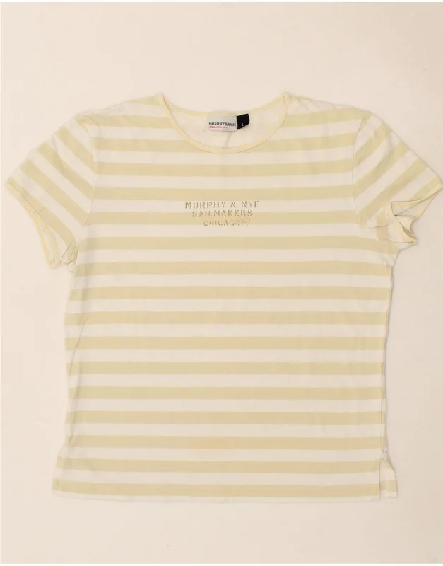 MURPHY & NYE Womens Graphic T-Shirt Top UK 14 Large Beige Striped-- Notch Collar Peter Pan Collar Cowl Neck