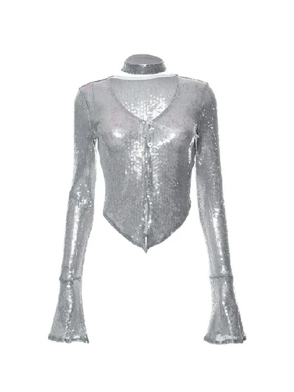 Gary Sequin V Neck Hanky Hem Long Sleeve Blouse Vintage Polka Blouse