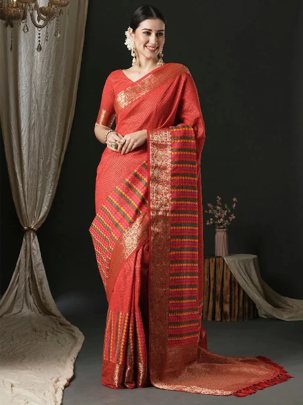 Saree Mall Women's  Blend Red Woven Design Designer Saree With Blouse Piece-42ALEKHA4203 Satin Long Blouse