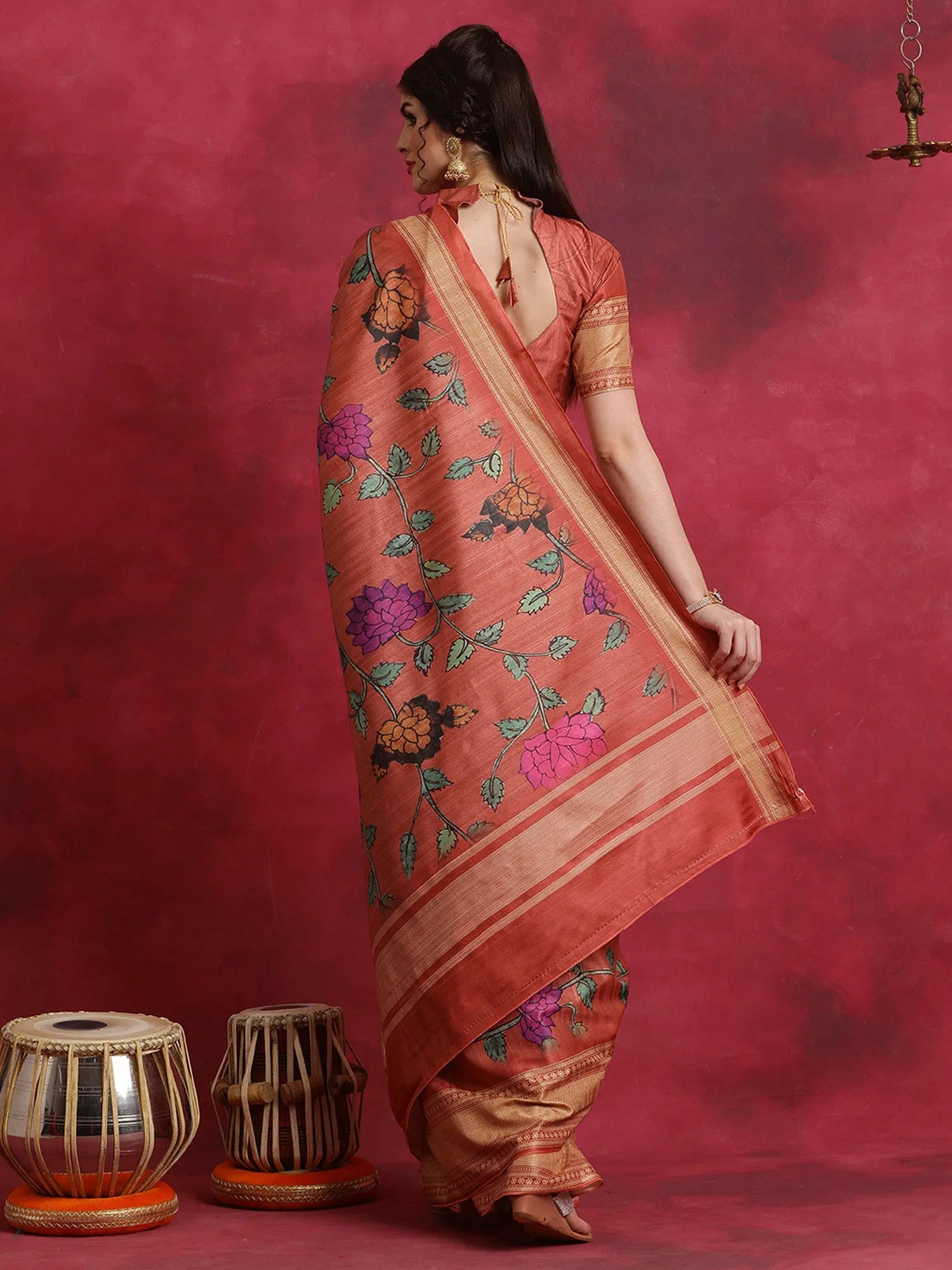 Saree Mall Women's Cotton Blend Rust Printed Designer Saree With Blouse Piece-HIBRO103B Lightweight Floral Blouse