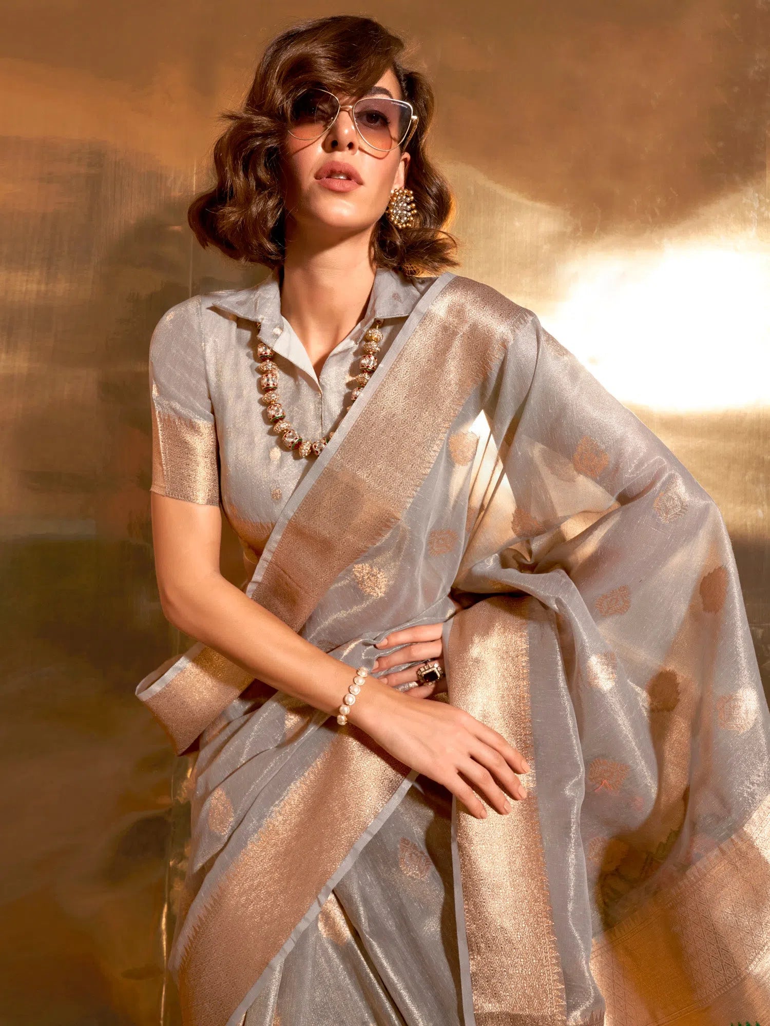 Saree Mall Women's Tissue Grey Woven Design Designer Saree With Blouse Piece-KORRA370006 Bell Sleeve Blouse