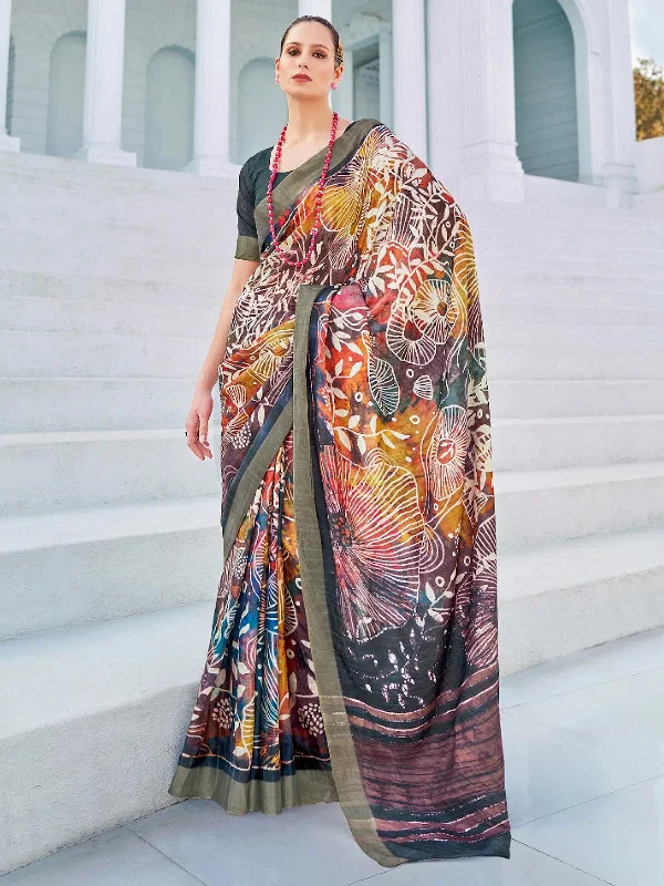 Saree Mall Women's Cotton Blend Multicolored Printed Designer Saree With Blouse Piece-RJGHRNA102 Sweetheart Neck Blouse