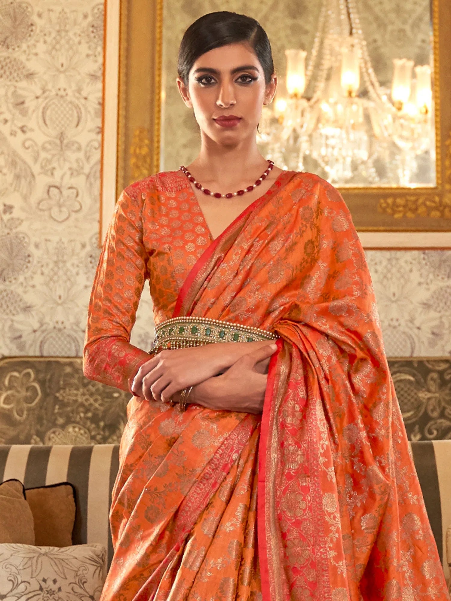 Saree Mall Women's  Blend Orange Woven Design Designer Saree With Blouse Piece-KRVA175003 Lightweight Chiffon Blouse