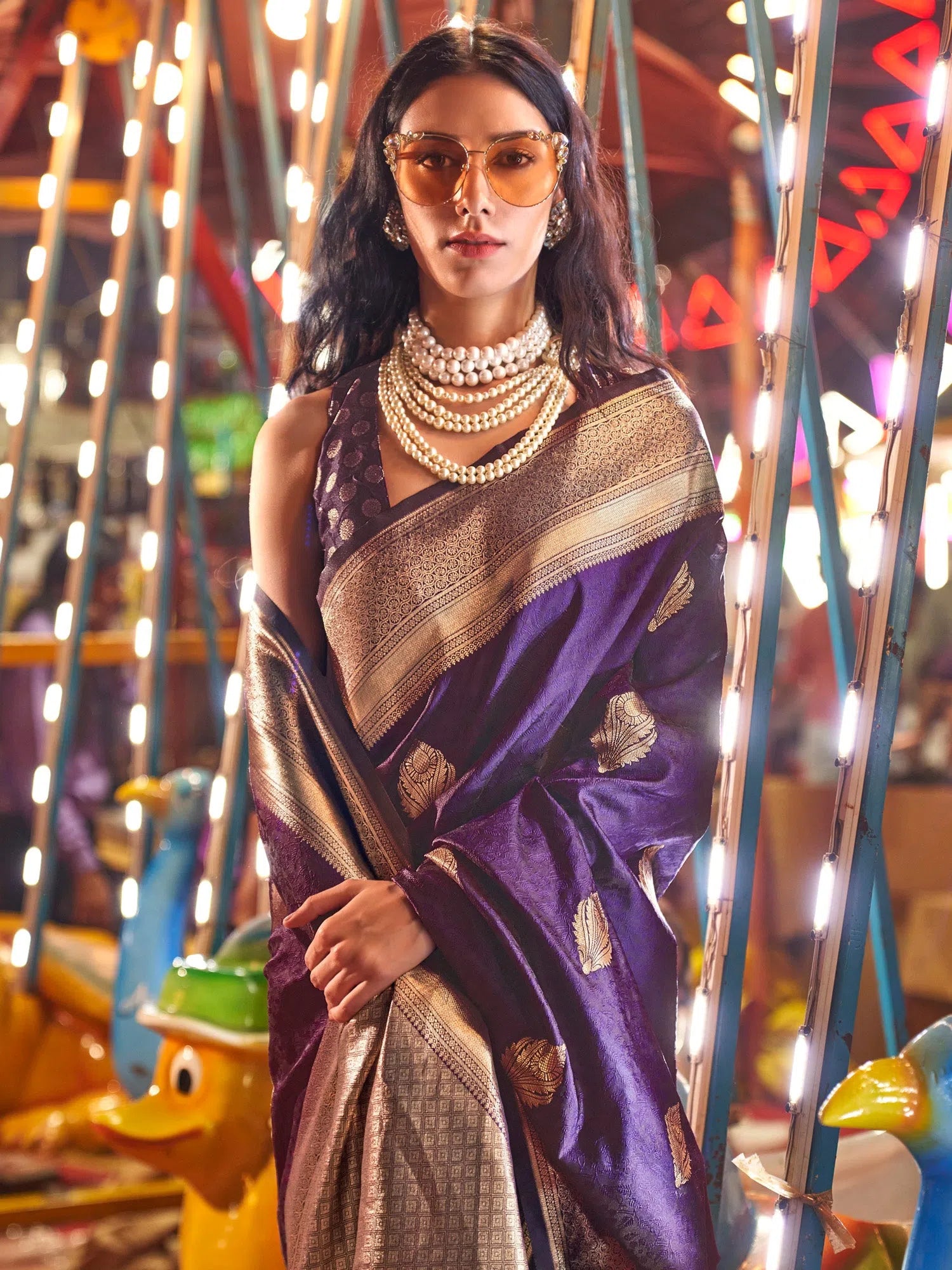 Saree Mall Women's  Blend Purple Woven Design Designer Saree With Blouse Piece-KRNIVL363001 Pleated Collar Blouse