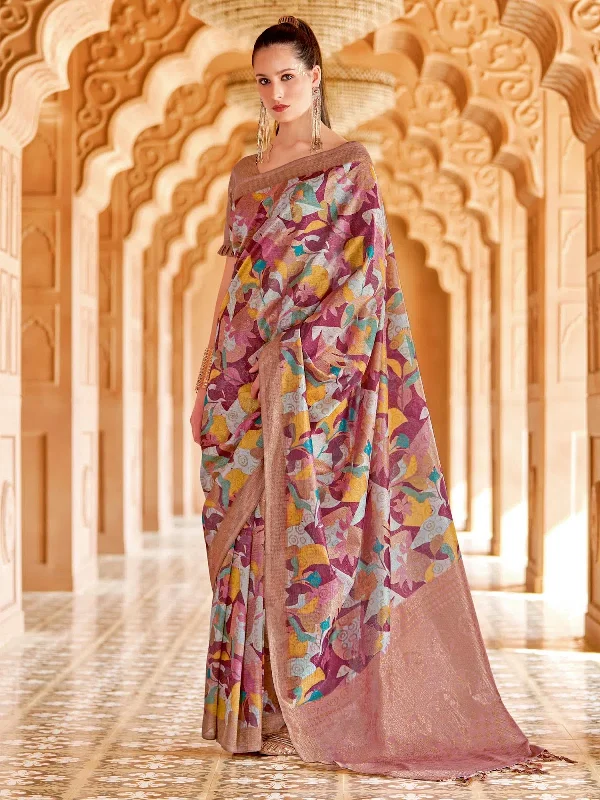 Saree Mall Women's Cotton Blend Burgundy Printed Designer Saree With Blouse Piece-NITRA202 Embroidered Floral Blouse
