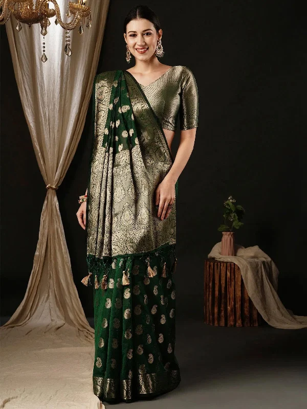 Saree Mall Women's Georgette Green Woven Design Designer Saree With Blouse Piece-ARIES09B Office Formal Blouse