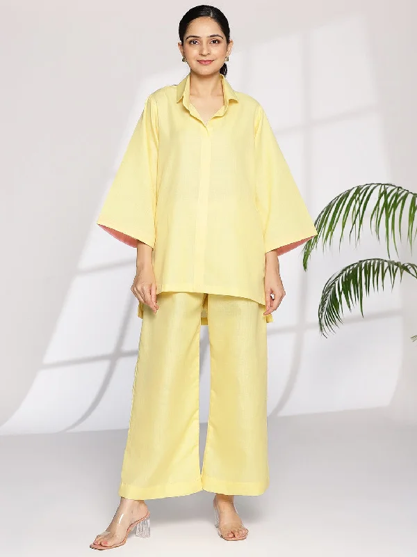 Yellow CottonSlub ShirtTop & Palazzo-- Denim Fabric Leather Fabric Suede Fabric