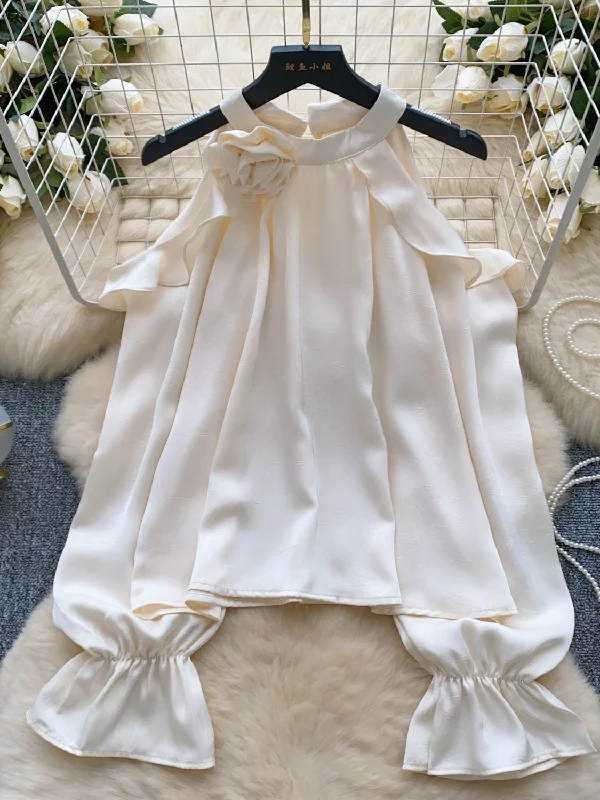 High Collar Flowy Ivory Blouse Lightweight Floral Blouse