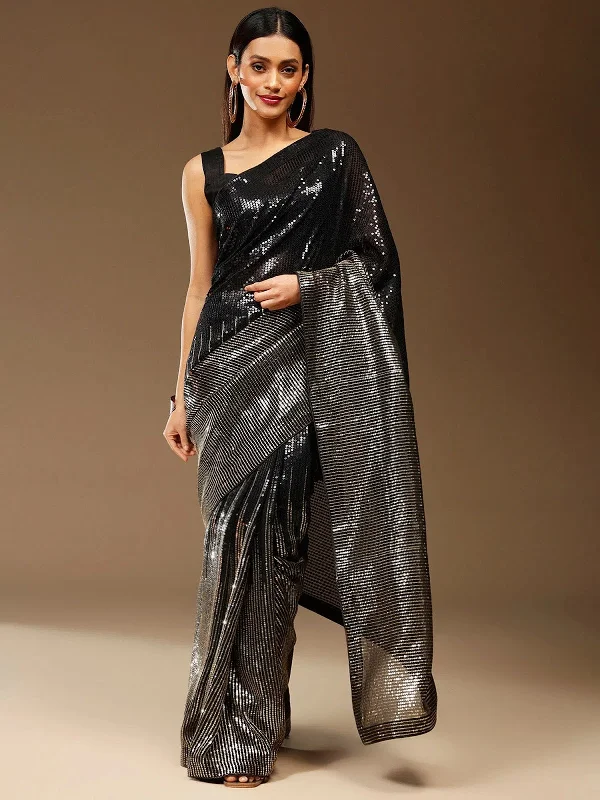 Saree Mall Women's Georgette Black Embellished Designer Saree With Blouse Piece-BITTI555 Cotton Casual Blouse