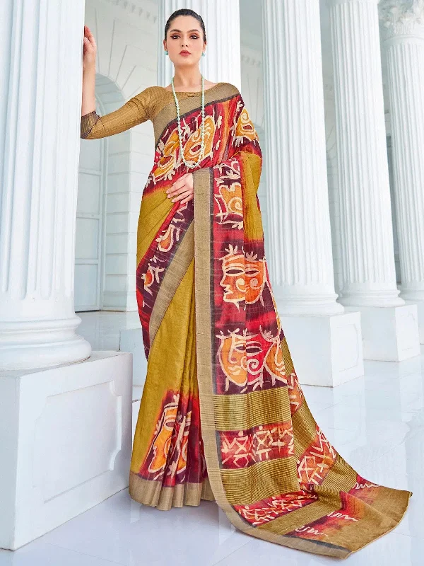 Saree Mall Women's Cotton Blend Olive Printed Designer Saree With Blouse Piece-RJGHRNA105 Floral Chiffon Blouse