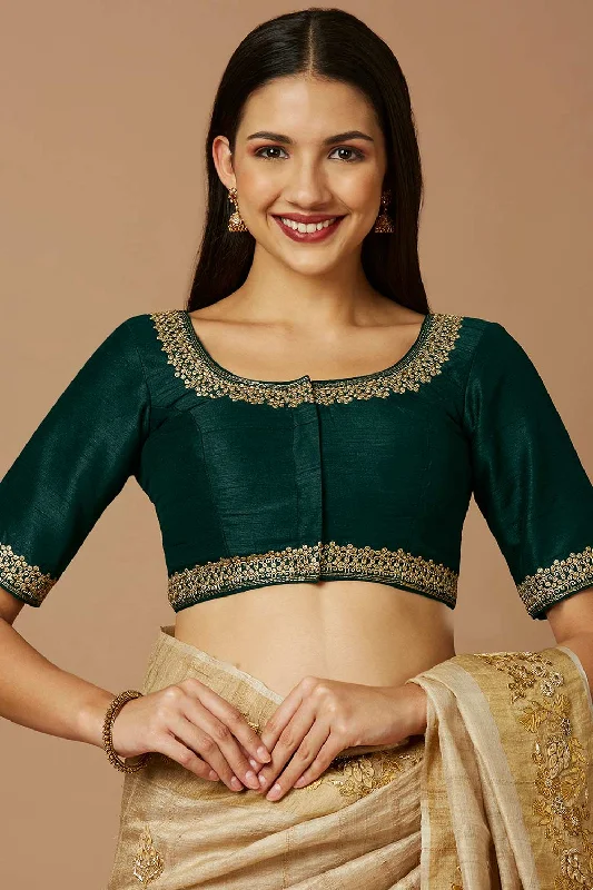 Green Silk Elbow Length Padded Blouse Airy Cotton Blouse