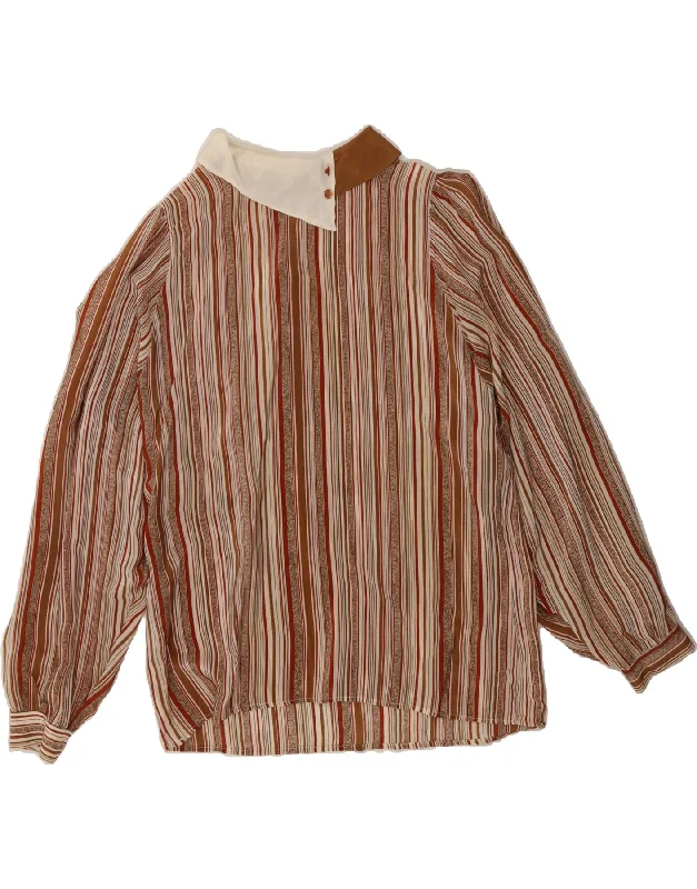 VINTAGE Womens Long Sleeve Shirt Blouse IT 44 Medium Brown Striped Silk-- Handmade Hand-knitted Hand-woven