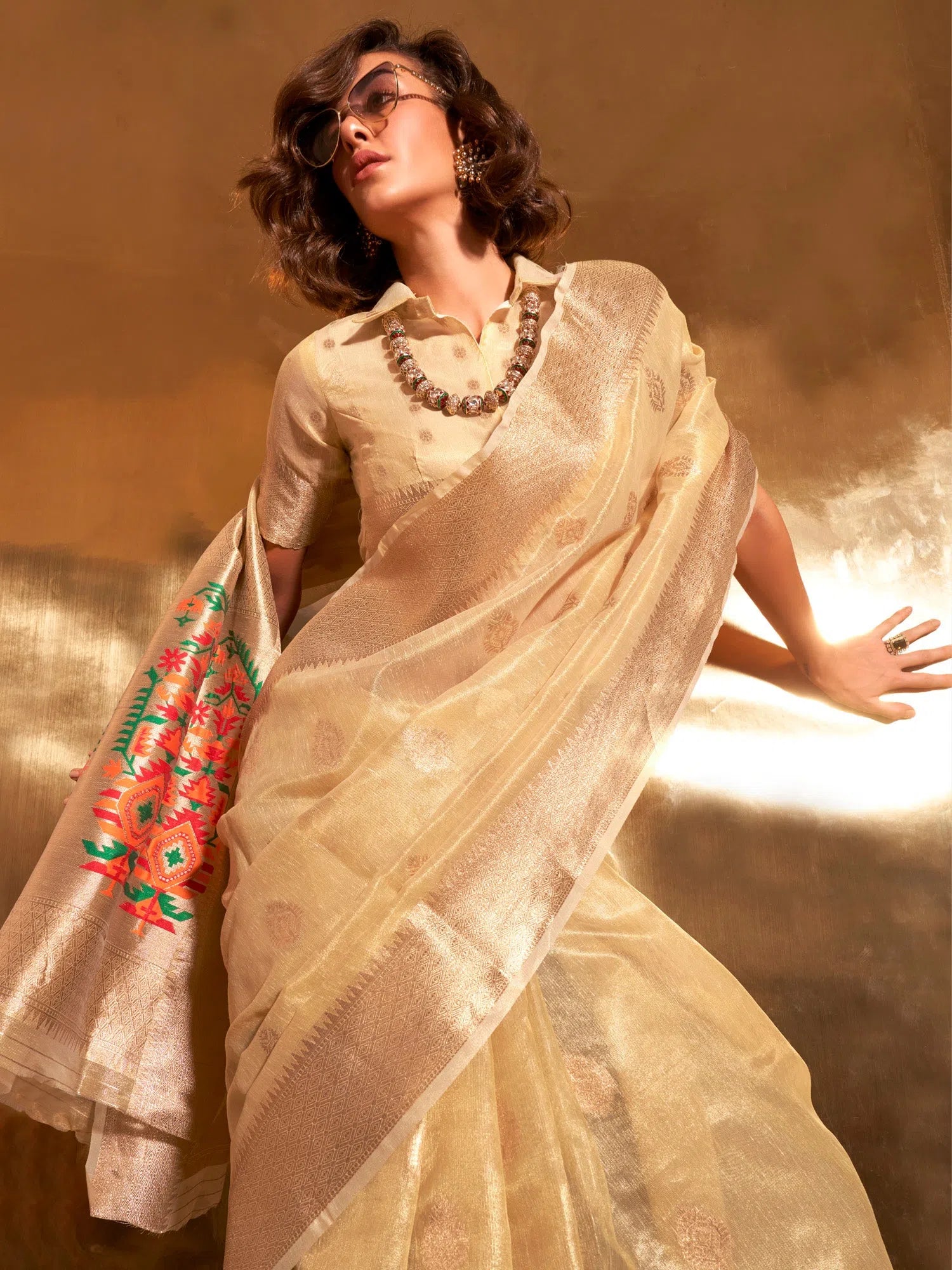 Saree Mall Women's Tissue Yellow Woven Design Designer Saree With Blouse Piece-KORRA370002 Sheer Mesh Blouse