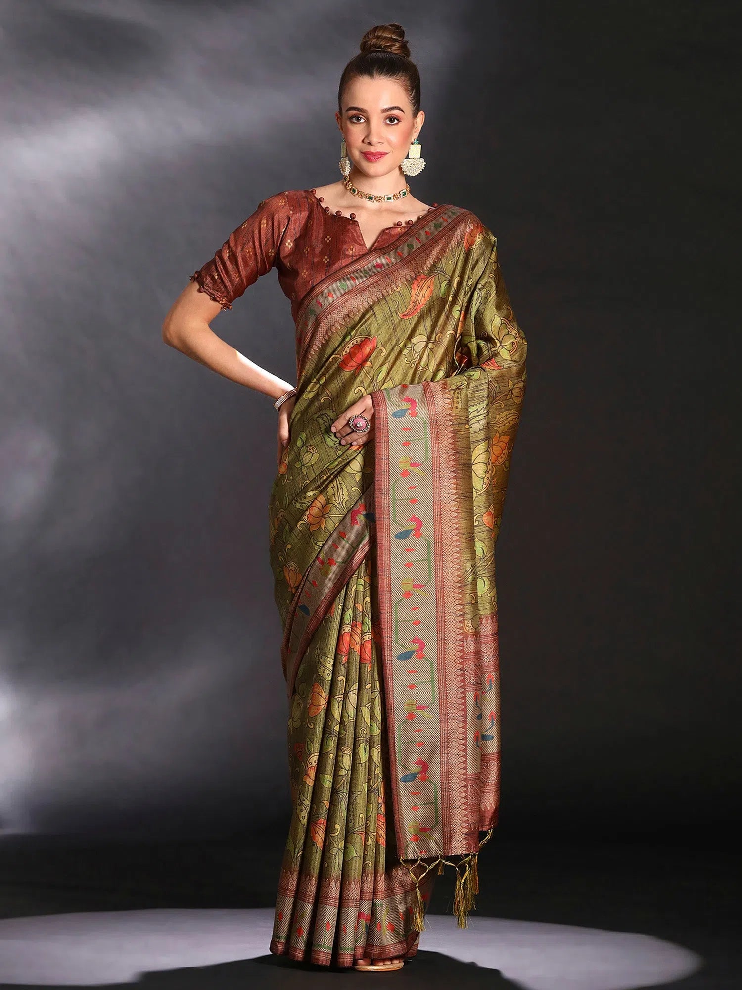Saree Mall Women's Cotton Blend Olive Printed Designer Saree With Blouse Piece-KOZI206 Pastel Color Blouse