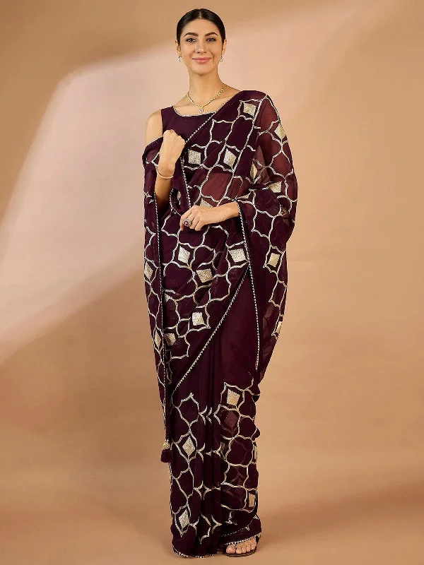 Saree Mall Women's Georgette Purple Embellished Designer Saree With Blouse Piece-SRENIK1733A Collared Satin Blouse
