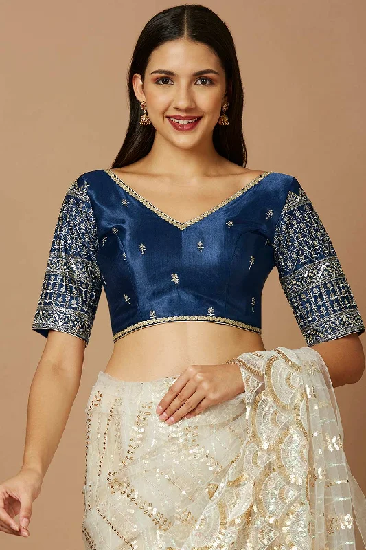 Blue Silk Elbow Length Padded Blouse Slim Fit Blouse