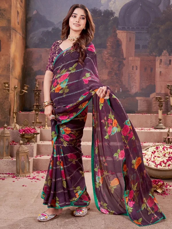 Saree Mall Women's Georgette Purple Embellished Designer Saree With Blouse Piece-NAYA1005 Polished Work Blouse