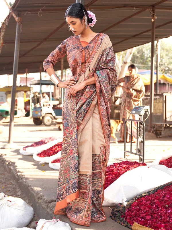 Saree Mall Women's  Blend Beige Printed Designer Saree With Blouse Piece-PUSHPMNDI108 Boho Chic Blouse