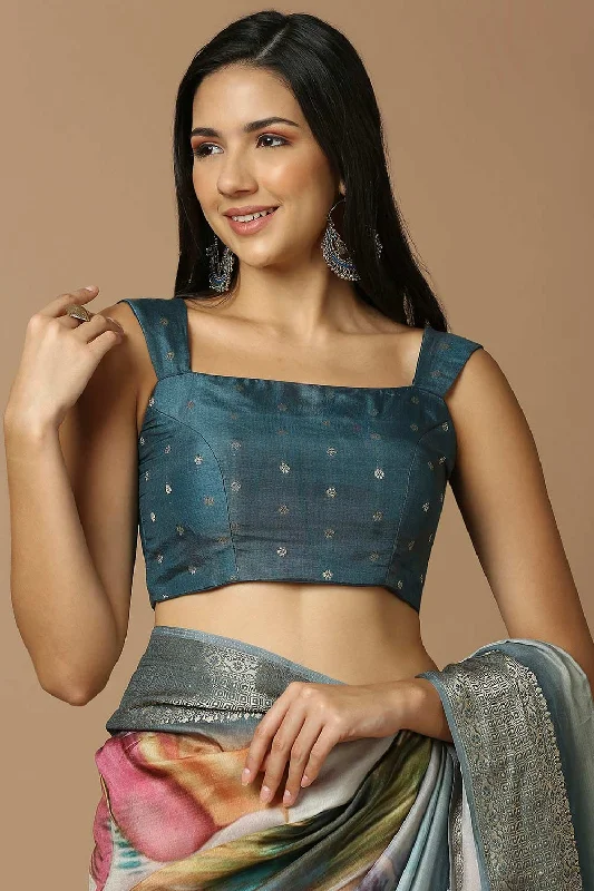 Turquoise Silk Sleeveless Padded Blouse Loose Fit Blouse