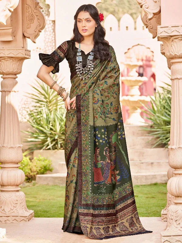 Saree Mall Women's  Blend Olive Printed Designer Saree With Blouse Piece-RPRANI102 Stylish Wrap Blouse
