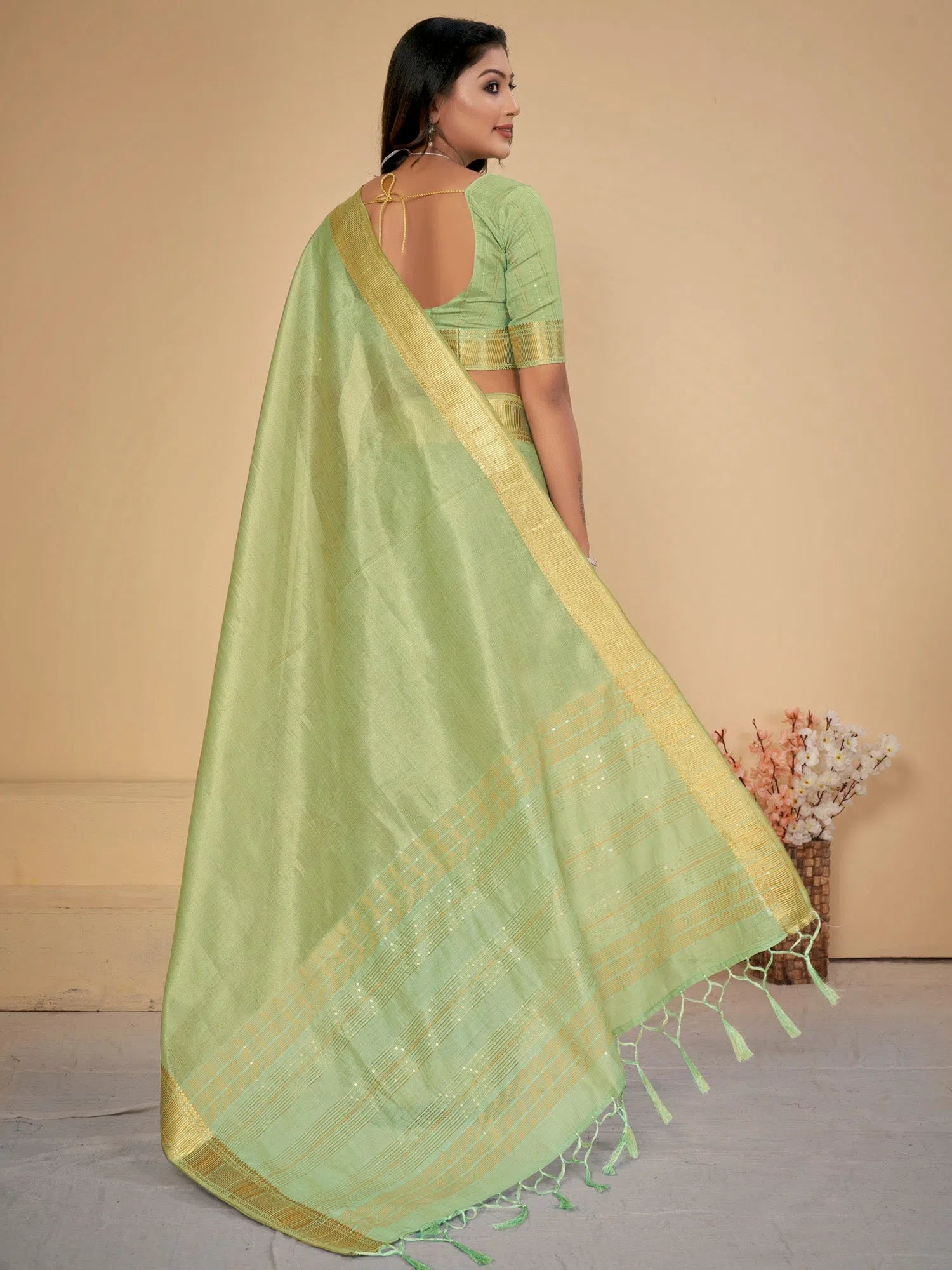 Saree Mall Women's Cotton  Light Green Embellished Designer Saree With Blouse Piece-LINOMA03F Sheer Mesh Blouse