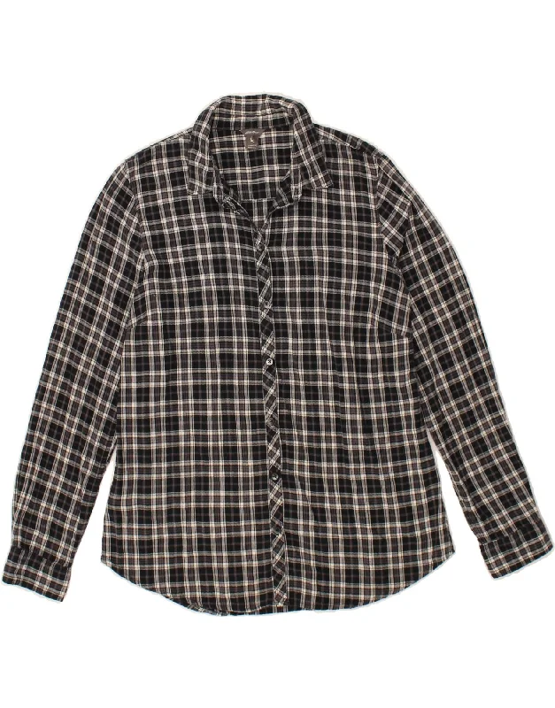 EDDIE BAUER Womens Flannel Shirt UK 14 Medium Black Check Cotton-- Wool Fabric Cashmere Fabric Tweed Fabric