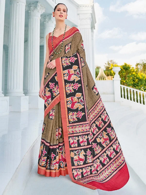 Saree Mall Women's Cotton Blend Olive Printed Designer Saree With Blouse Piece-RJGHRNA101 Side Tie Blouse