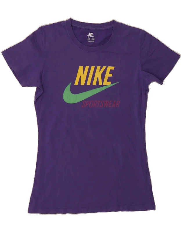 NIKE Womens Graphic T-Shirt Top UK 12 Medium Purple Cotton-- Striped Floral Plaid