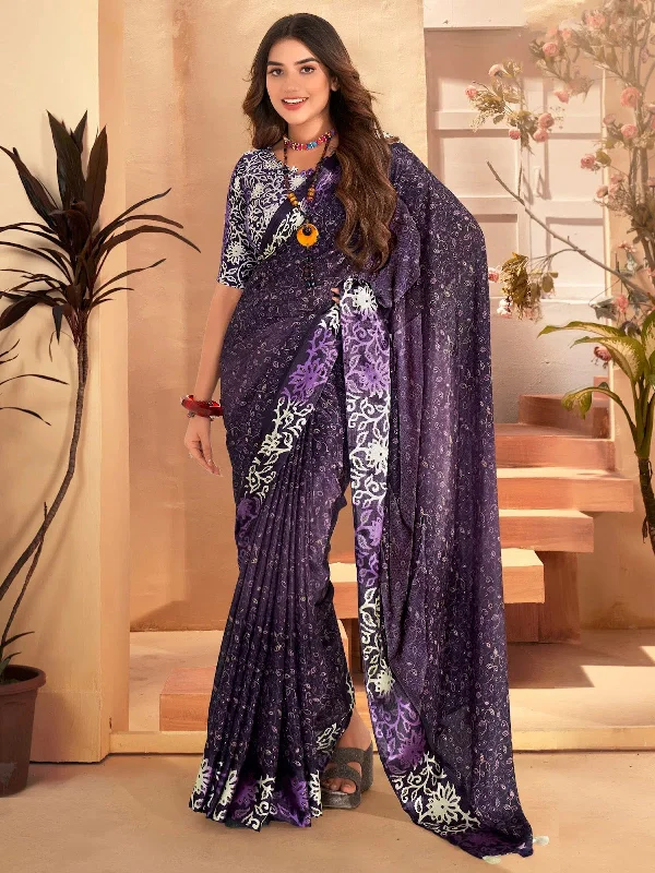 Saree Mall Women's  Blend Purple Printed Designer Saree With Blouse Piece-SANTONI114 Casual Relaxed Blouse