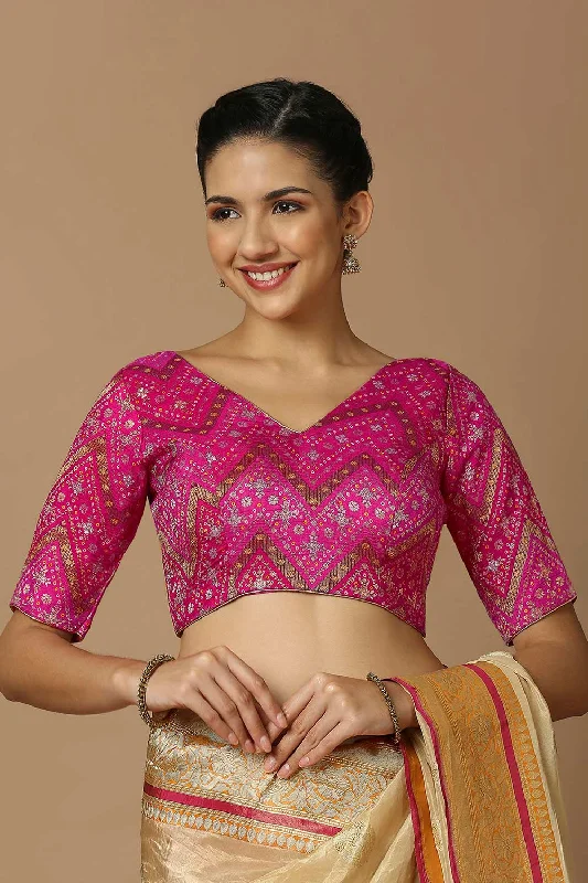 Pink Brocade Elbow Length Padded Blouse Pastel Color Blouse