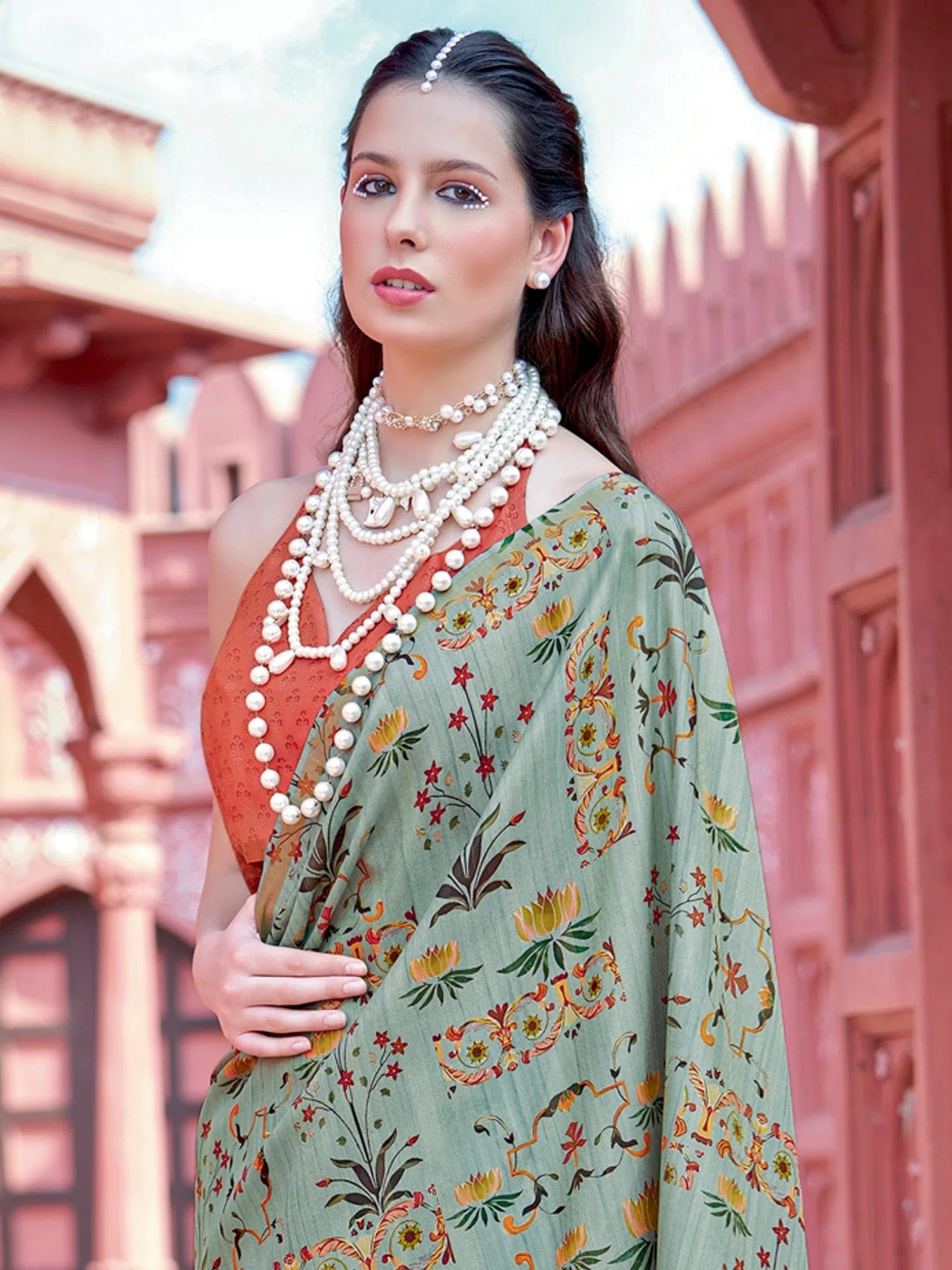 Saree Mall Women's Banarasi  Sea Green Printed Designer Saree With Blouse Piece-GRUHAM205 Elegant Semi-Sheer Blouse