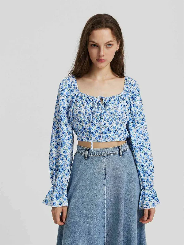 Floral Tie Front Square Neck Flounce Sleeve Blouse Gathered Detail Blouse