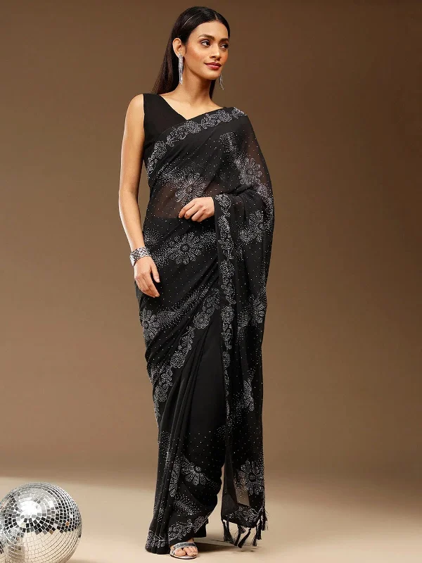Saree Mall Women's Georgette Black Embellished Designer Saree With Blouse Piece-UNATI5002 Peter Pan Blouse