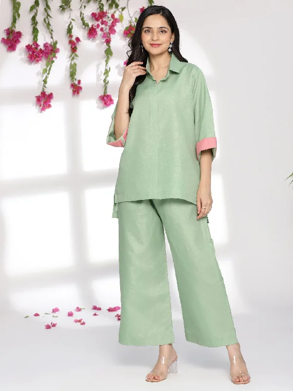 SageGreen CottonSlub ShirtTop & Palazzo-- Embroidered Appliqued Beaded