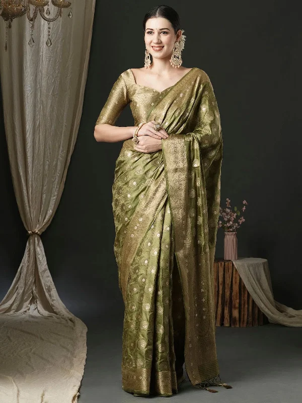 Saree Mall Women's Satin  Olive Woven Design Designer Saree With Blouse Piece-AQRIUSDLX04B Short Sleeve Blouse
