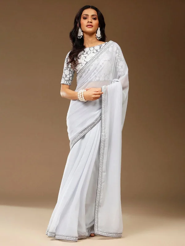 Saree Mall Women's Georgette Grey Embellished Designer Saree With Blouse Piece-BITTI572 Office-Ready Blouse