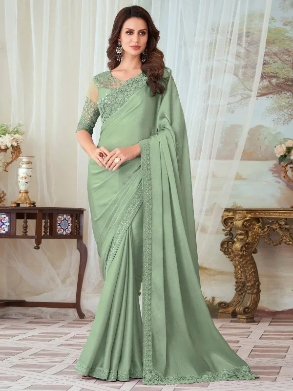 Saree Mall Women's  Blend Light Green Embellished Designer Saree With Blouse Piece-SILVER27003B Silky Draped Blouse