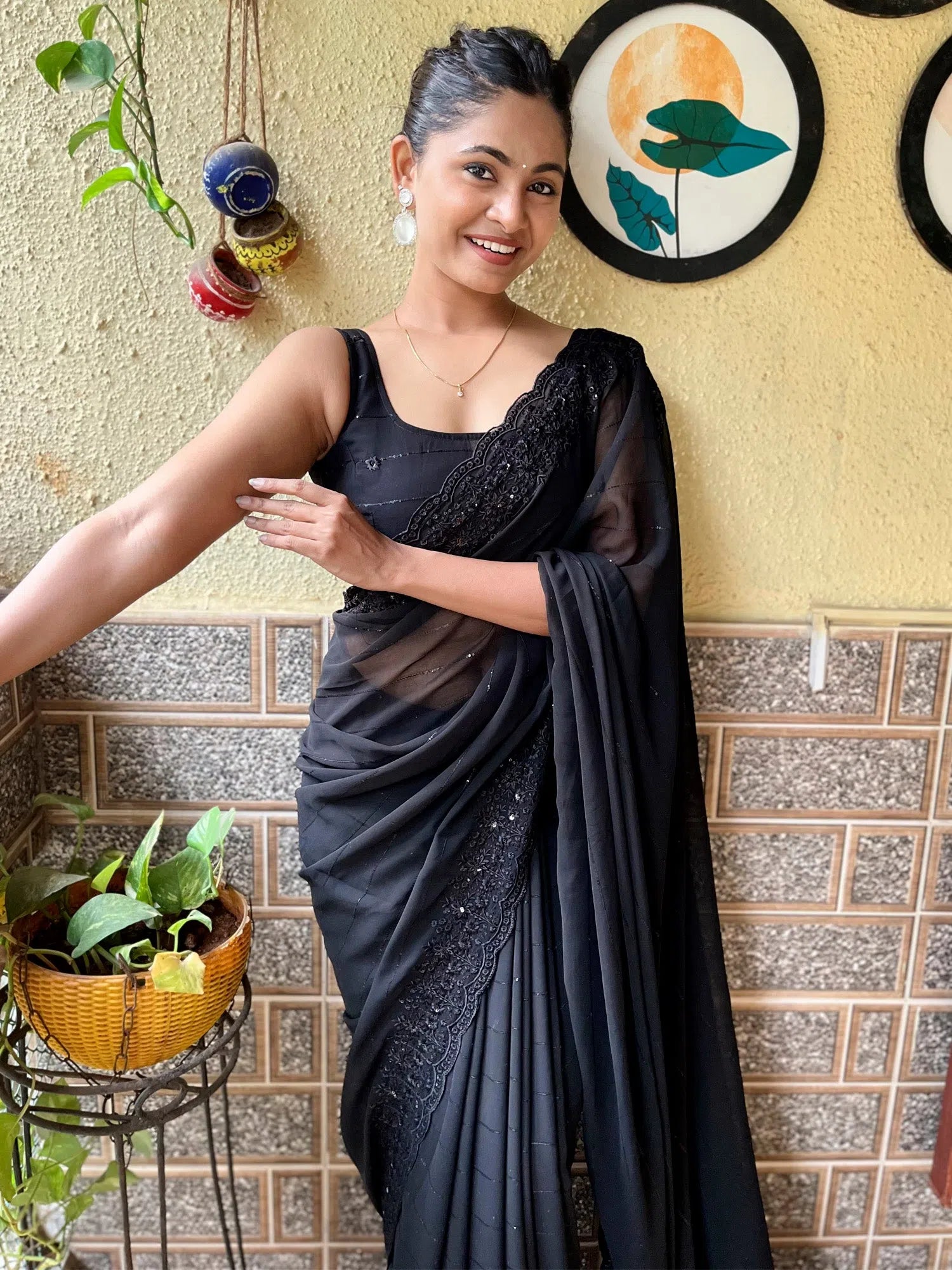 Saree Mall Women's Georgette Black Embroidered Designer Saree With Blouse Piece-KESARI4101 Asymmetric Hem Blouse