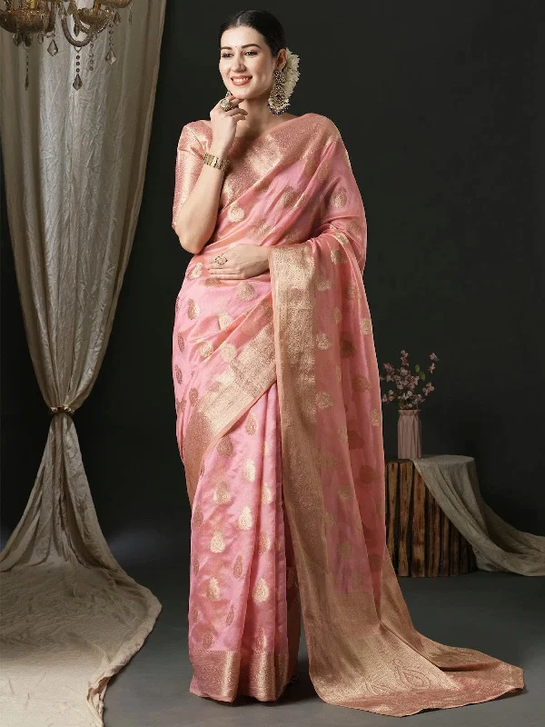Saree Mall Women's Organza Pink Woven Design Designer Saree With Blouse Piece-UNATI3004 Soft Modal Blouse