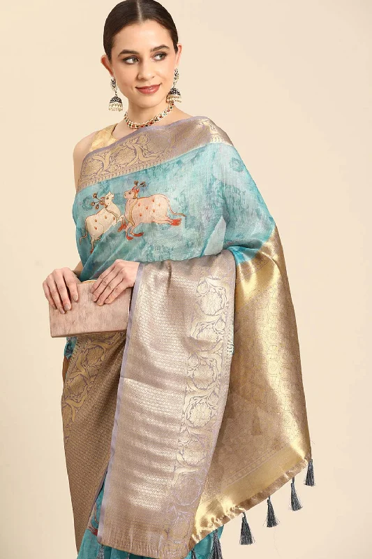 Teal Pichwai Muga Silk Digital Print Saree With Unstitched Blouse Piece Ruched Sleeve Blouse