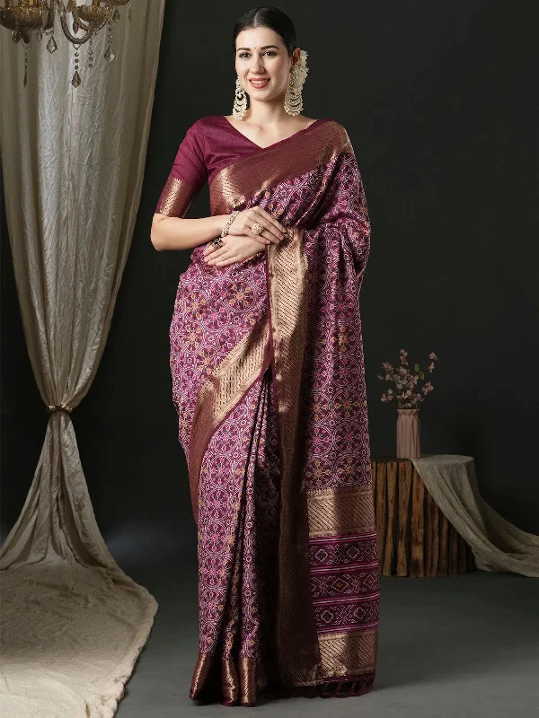 Saree Mall Women's  Blend Purple Woven Design Designer Saree With Blouse Piece-44ALEKHA4401 High Neck Blouse