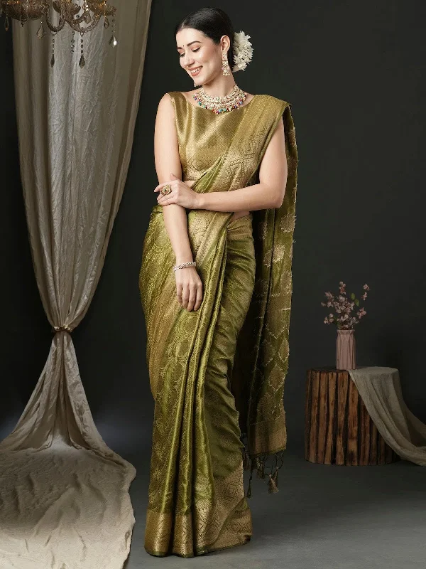 Saree Mall Women's Satin  Olive Woven Design Designer Saree With Blouse Piece-AQRIUS03B Sheer Sleeve Blouse