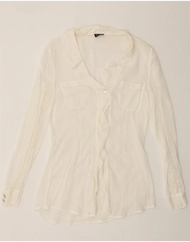 ARMANI Womens Ruffle Front Shirt Blouse UK 10 Small White-- Mesh Canvas Denim