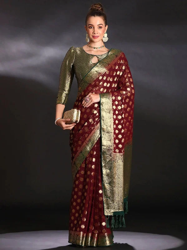 Saree Mall Women's Georgette Burgundy Woven Design Designer Saree With Blouse Piece-CPRICON01 Ruffled Neck Blouse