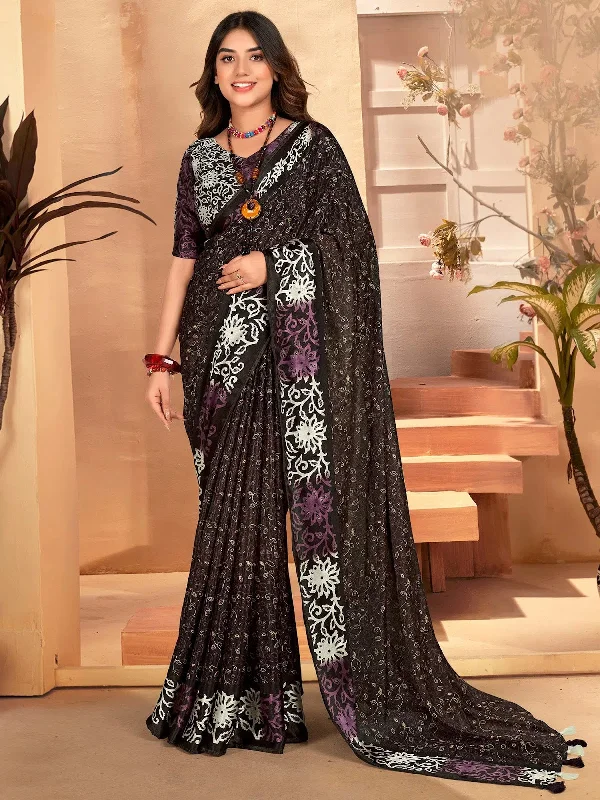 Saree Mall Women's  Blend Black Printed Designer Saree With Blouse Piece-SANTONI111 Satin Drape Blouse