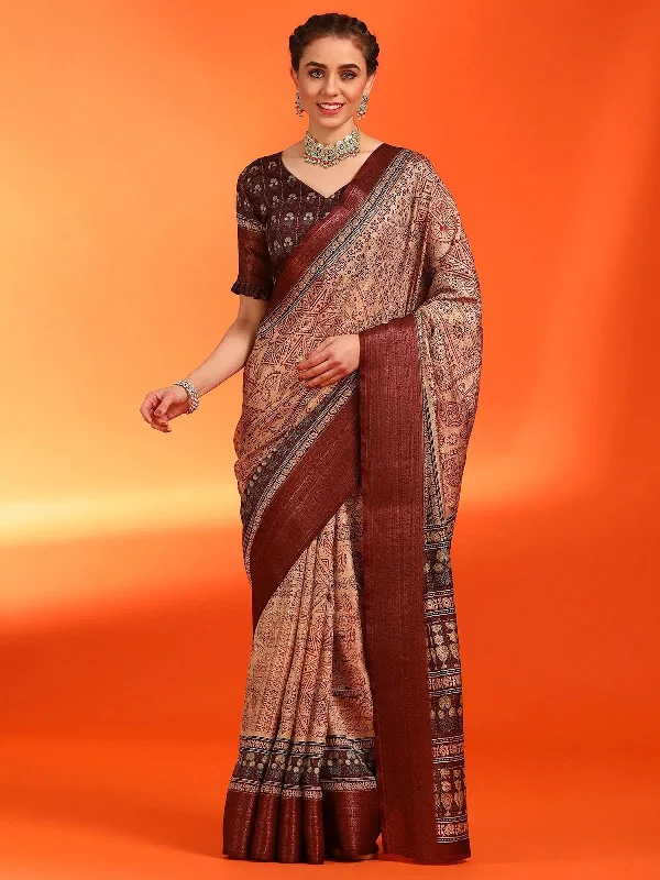 Saree Mall Women's Dola  Cream Printed Designer Saree With Blouse Piece-ANTRIKSA105 Satin Long Blouse
